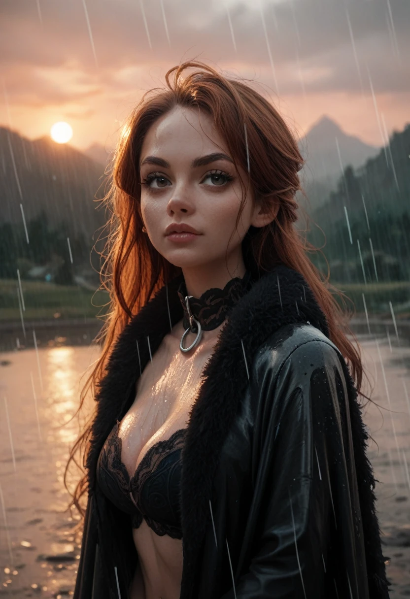 Don't Starve style, masterpiece, best quality, ultra-detailed, illustration, 1girl, black long hair, guant breast, black mantle, fluffy collar, sunset, rain