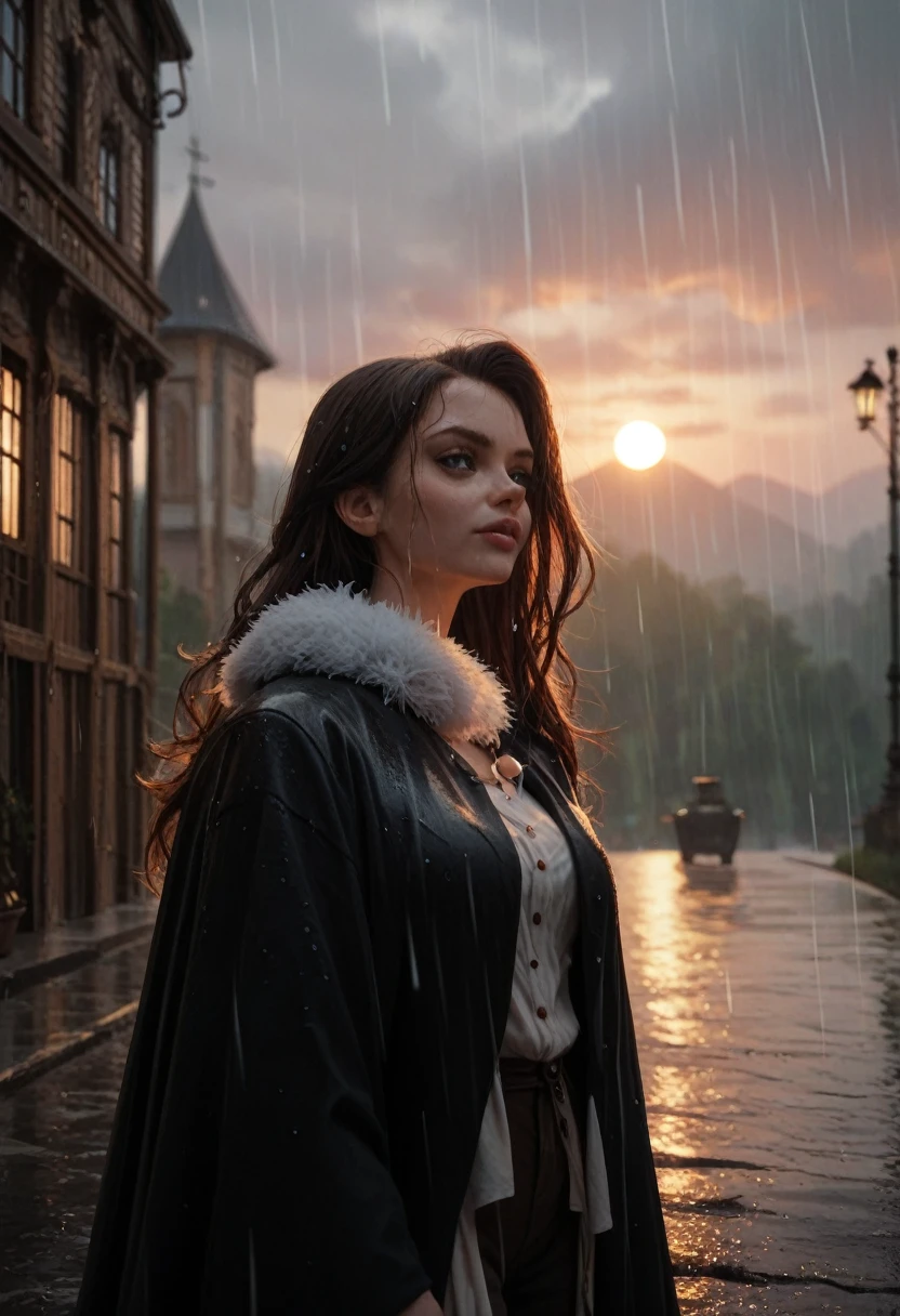 Don't Starve style, masterpiece, best quality, ultra-detailed, illustration, 1girl, black long hair, guant breast, black mantle, fluffy collar, sunset, rain