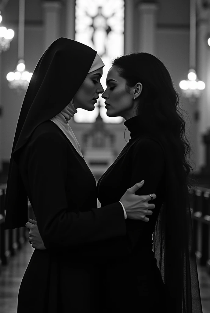 a black and white photo of two women in a church, nun, vampire nun, ellen von unwerth, nun outfit, nun fashion model, unholy union, saint womans, woman love woman, holy themed, sound of music, immoral tales, holy inquisition, religious art, original sin, unholy, lesbian kiss, lesbians, religión