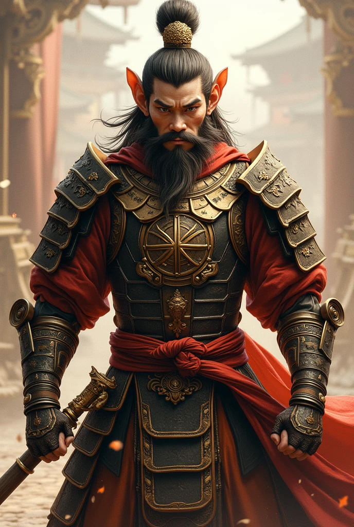 In the center of the image is Sun Wukong in samurai armor and his golden staff in one hand., while looking ahead with determination.