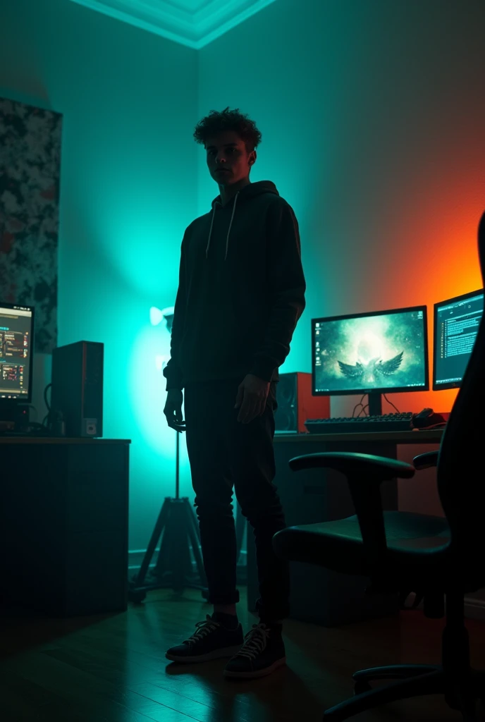 A 20 years old standing boy with dark light on face, not visibile face front on camera with teal and orange light with Pc setup room background