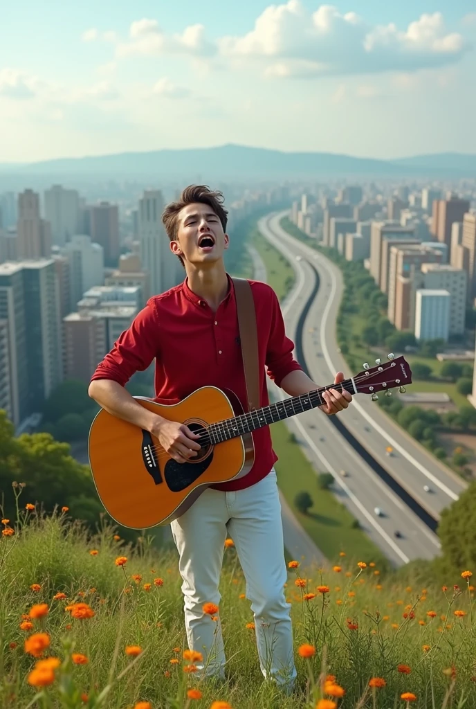 A 21 old(American facial man) man singing a pop song playing guitar, seating on heights place looking under the city, green hill, highway , the small flowers around the boy, (boy upper were color is red and bottom were is white),( highly detailed),(vivid) realistic image 4k HDR