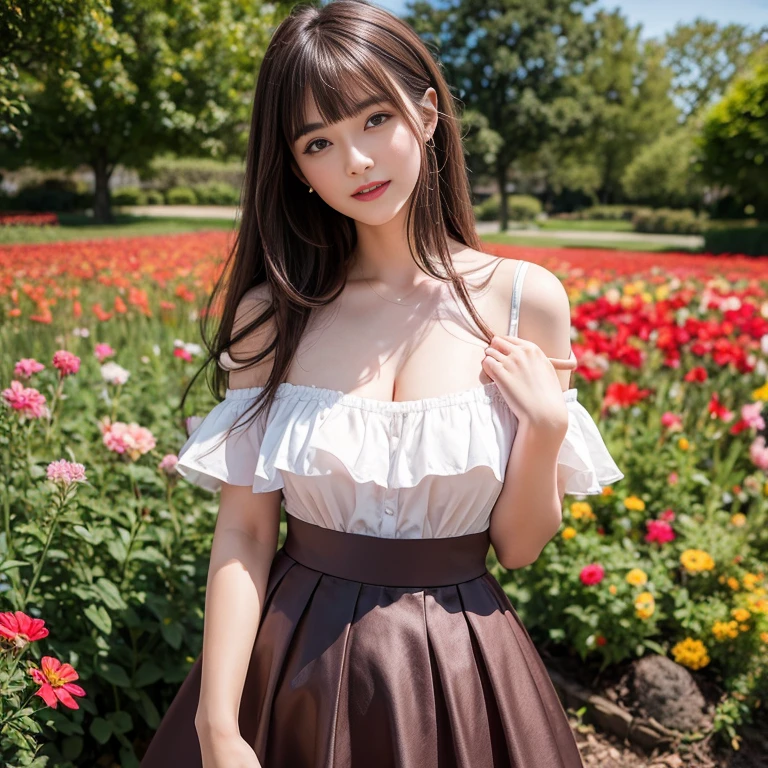 long skirt,in the flower field，Wear a dress，rotate，1 female, On the face, laughing out loud, light brown hair, blunt bangs, hair behind ears, Shoulder-length hair, long hair, Slender body type, 超face slimming型, face slimming, delicate lips, beautiful eyes, Thin blush, Eyes are light brown,View here, (actual:1.3), One person's perspective, 8k, Super detailed, high quality, best quality, High resolution, ，Large Breasts，wear a H cup, 2,Off-shoulder tops，puffy skirt