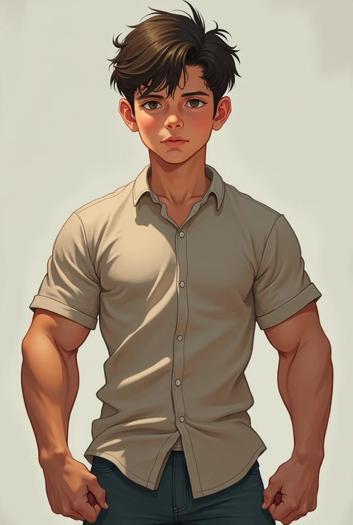 (photorealism:1.2), a boy
in shirt have strength like a beast