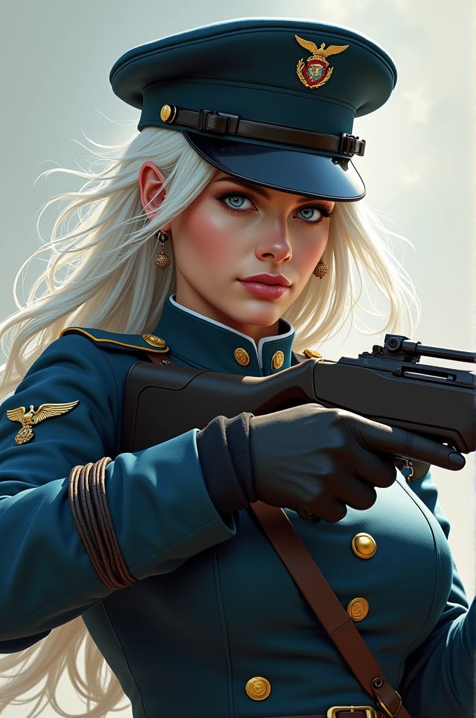 A woman wearing a military uniform, holding a rifle blue eyes and white hair