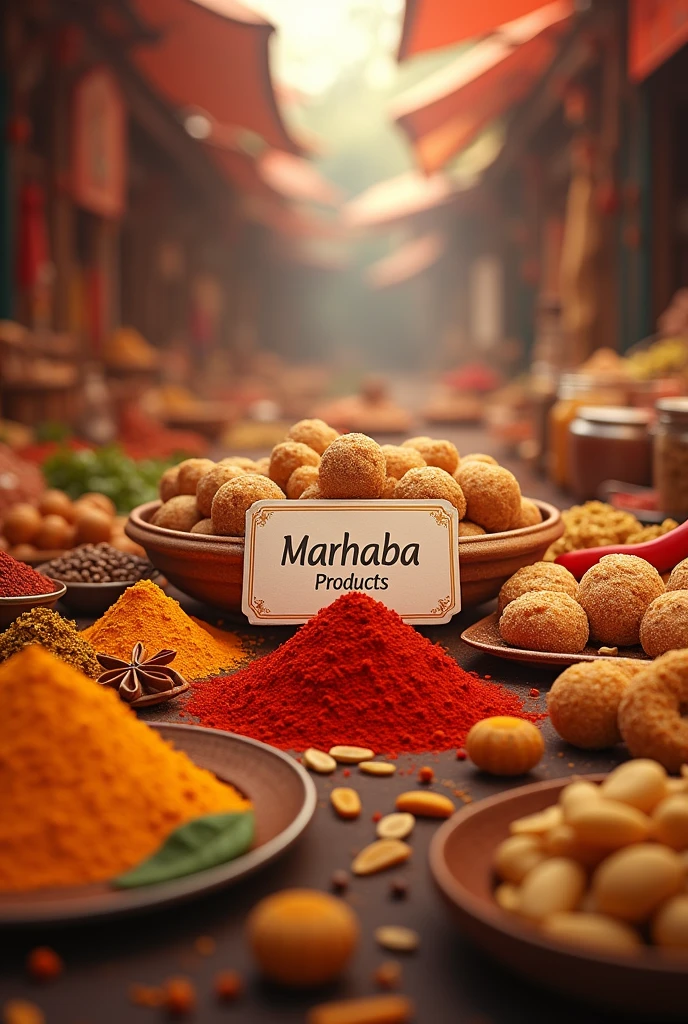 Chilli powder , Turmeric powder, star anise , pepper , fennel and indian traditional sweets laddu , sugared peanuts , cookies , boondhi in the middle a big name tag says marhaba products