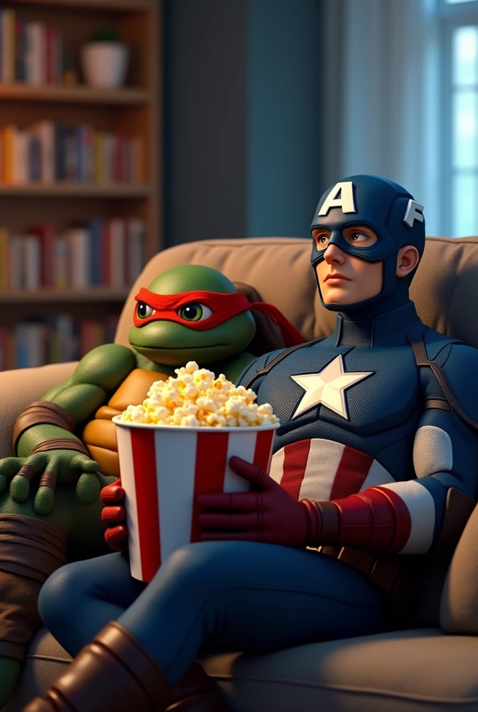 Captain America qui regarde un film avec une tortue ninja en mangeant des popcorns