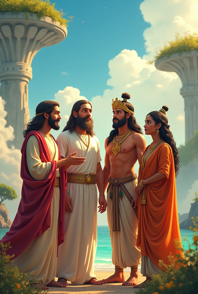 Create a pixar-like image of Jesus Christ,Zeus, ramayana,and a character from indigenous mythology Create them on the same sheet but each character is different
