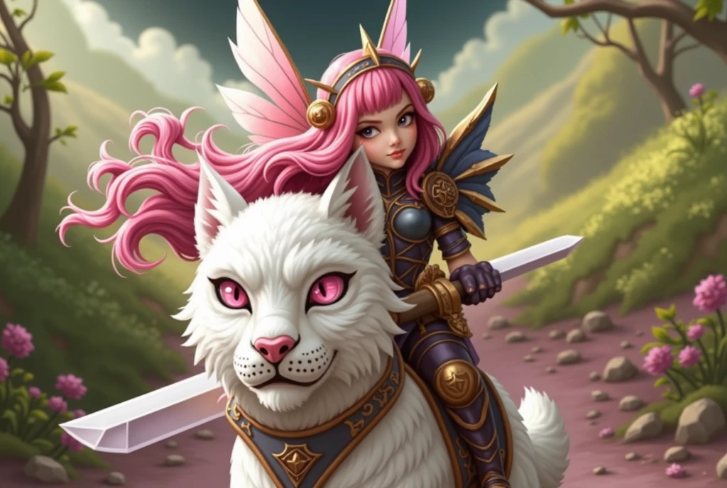 A pink-haired fairy with moth wings and a sharp sword., Riding a white lynx with pink eyes and a sharp nose on a battlefield in a valley of his own, with a pink sky background with a sharp touch, defined border. High Definition, 8k, ultrarealistic, hyperdetailed, hyperquality, bright lighting, despondent. detailed marking
