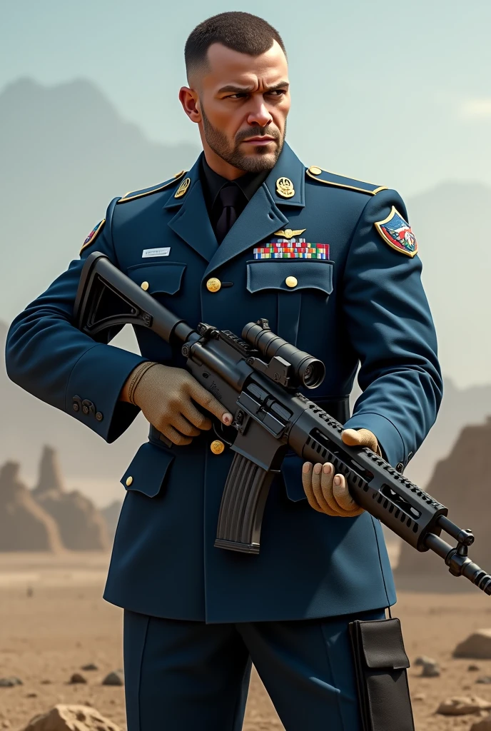 Man in blue military uniform and a gun
