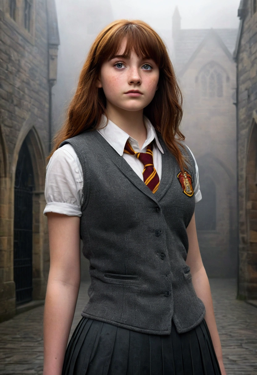 An illustrated movie poster, hand-drawn, full color, a teenage Hogwarts student, 18-years-old, female, wearing a charcoal vest and a pleated skirt, athletic hourglass figure, busty chest, full wide hips, massive round butt, long shapely legs, ridiculously thick powerful thighs, vibrant eyes, deep dark auburn hair, thick shaggy bangs, flushed sun-kissed complexion, freckles, standing in a foggy Hogwarts courtyard, surrounded by mist, graphite shading, stencil marks, airbrushed acrylic paint, masterpiece, close-up shot, in the style of the Deathly Hallows