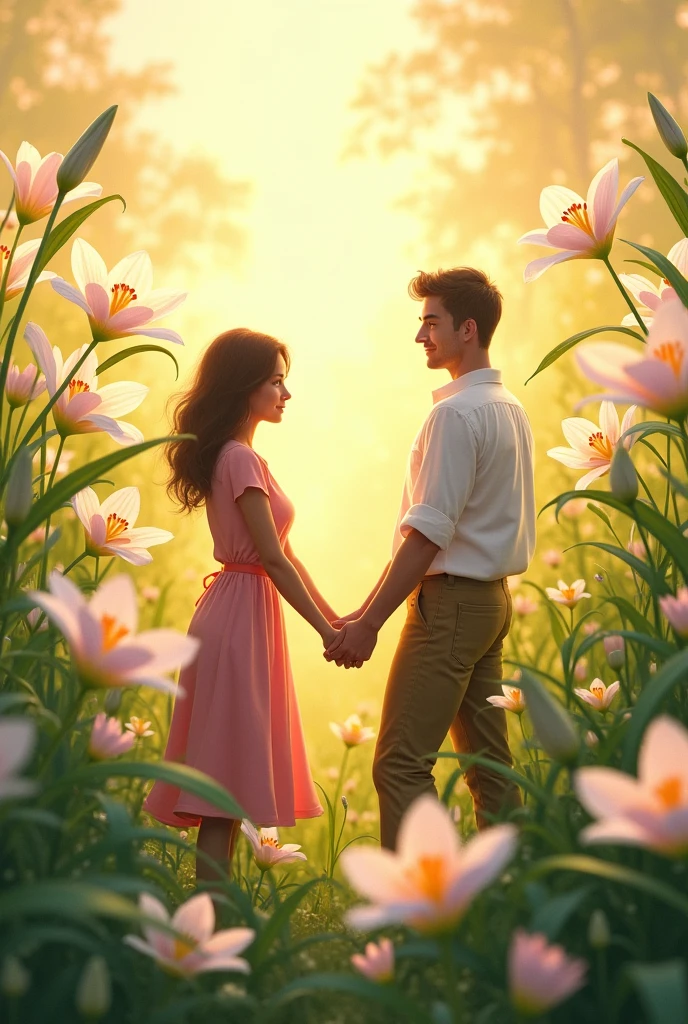 Clipping of people holding hands in a lily flower field