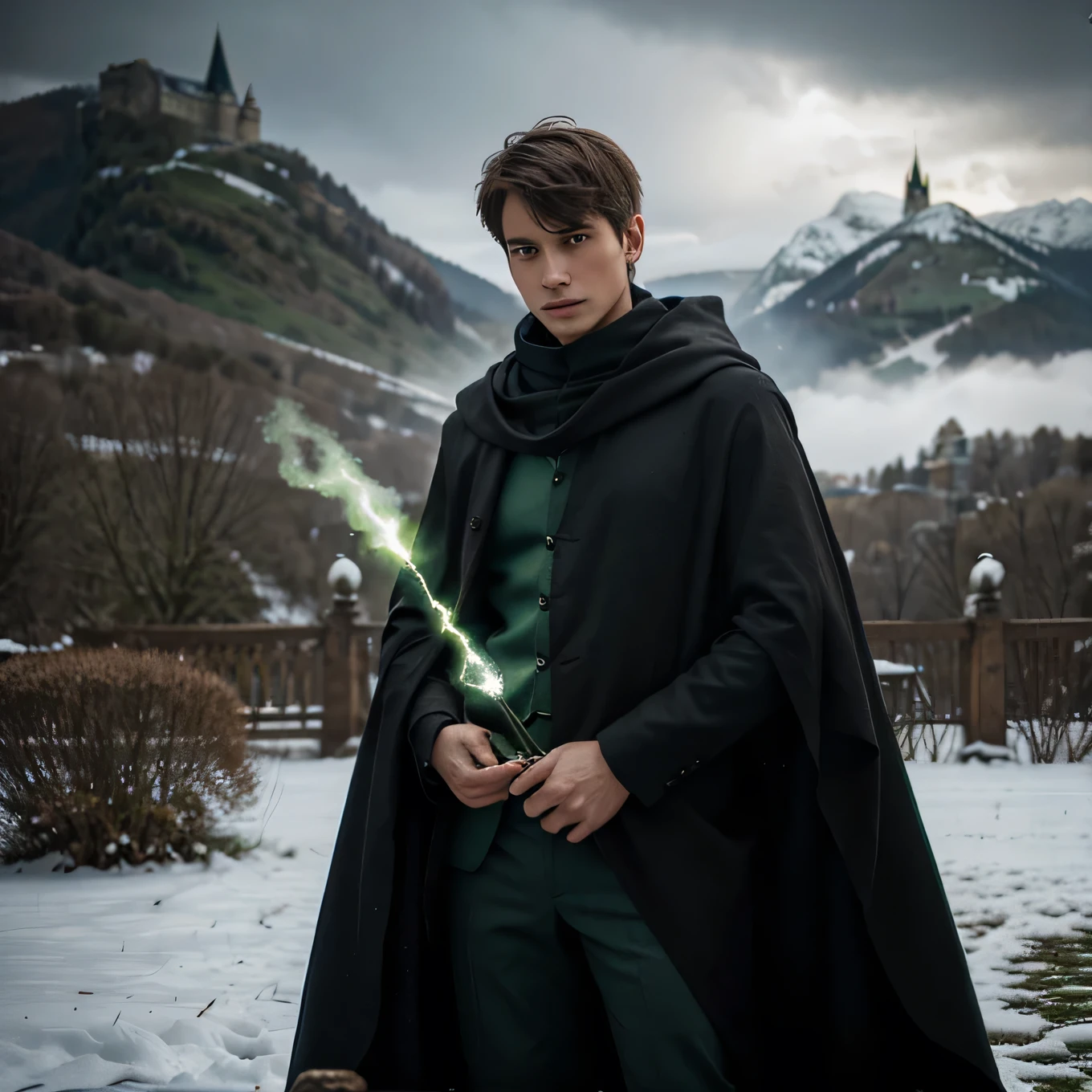 A 23-year-old wizard boy, with short hair, Brown color. He wears a black cape and clothing with subtle hints of green.. It is located in front of a very large castle., old baroque style, It also has a very sinister aura., which rests on some green and somewhat snowy mountains. The weather is cold and very cloudy. Has a green aura around him. It also generates green fire.. She has a slender body