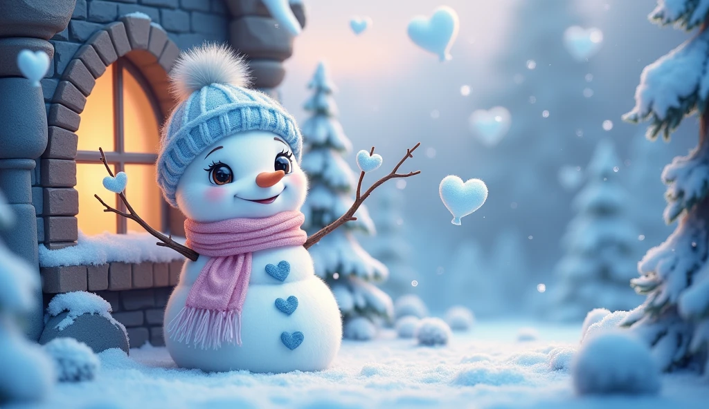 A charming fluffy white snowman wearing a light blue knitted hat and a light pink scarf with a heart design he looking into the castle through the window. The snowman has bright, sparkling black stone coal eyes and a delicate, happy expression. It sits in an enchanting winter setting with light blue heart-shaped balloons and heart-shaped snowflakes drifting around. The surrounding trees are laden with snow and the sky above glows with a gentle twilight blue, contributing to a magical and affectionate mood. The image should embody a cartoon-like and extremely adorable style, with a soft-focus background to amplify the fairy-tale-like ambiance of the composition.
