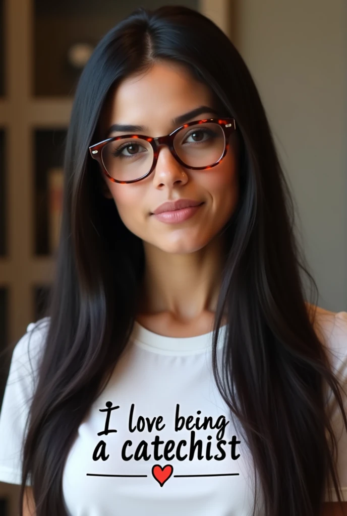 Brunette woman long straight black hair, with pointed brown glasses, con camisa blanca que diga en el pecho amo ser catequista y un ❤️