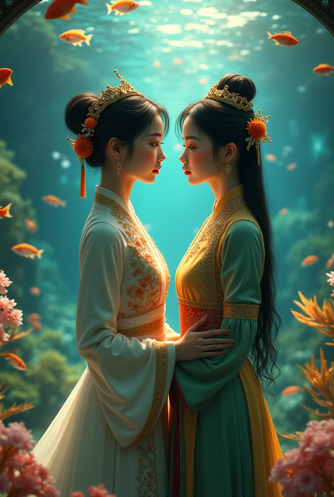 The Third Lady of the Palace and a Young Vietnamese Lesbian Girl 18+
Two women wearing traditional Vietnamese costumes. The setting is in an aquarium. Expressions of love. Let's make it a legend, my friend. Let's just let the two of them stand next to each other.