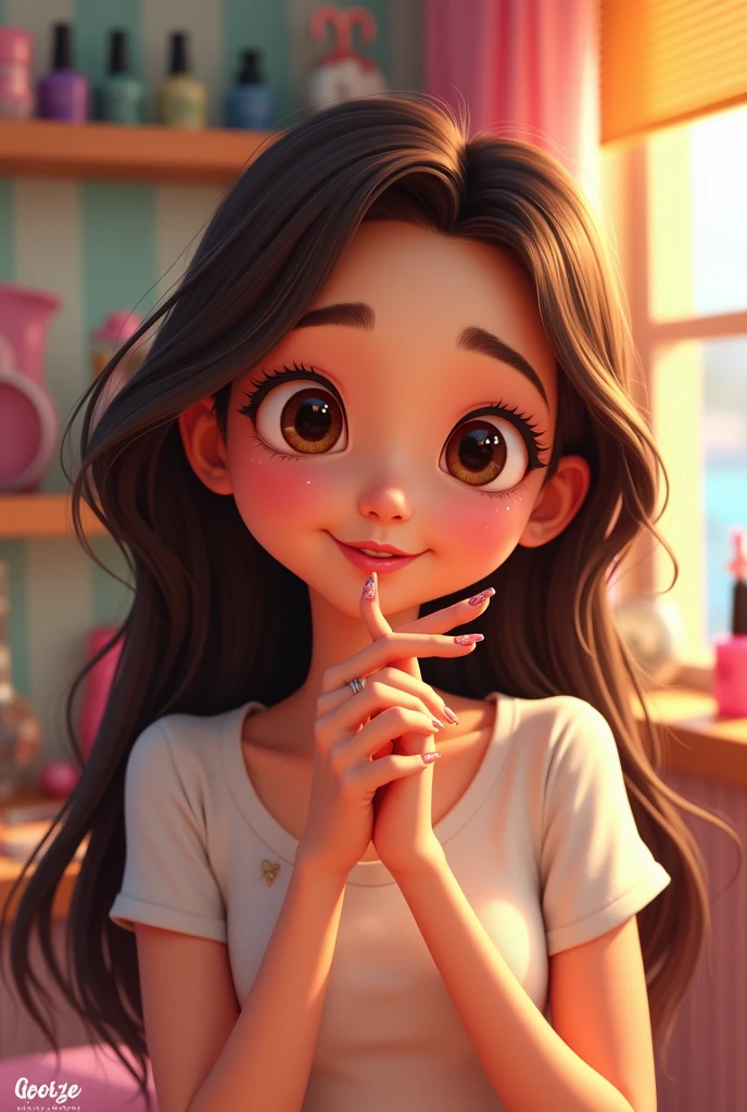 Pixar manicurist her name is breeze she has long brown hair a mole on her cheek and Chinese eyes
