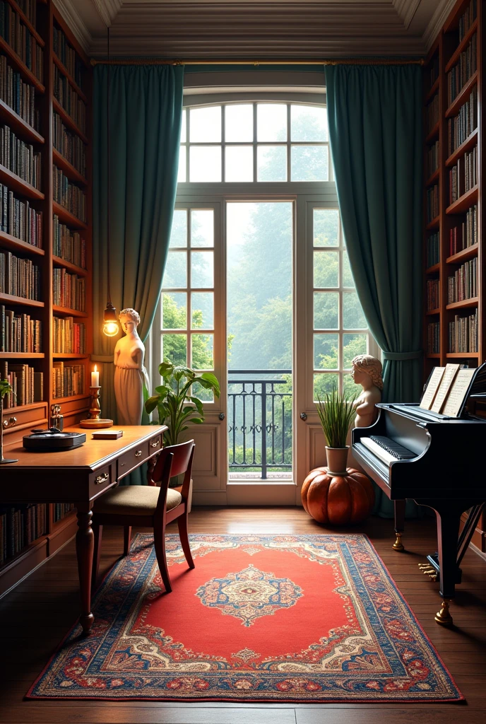 An image of a room with many bookshelves. And in the middle of the room there is a desk with a chair, On a piece of furniture there is a record player with a candle. There is a very large carpet on the floor.. On the right there is a sculpture of the goddess Aphrodite and on the left there is a piano. . And in the middle of the room there is a large window that takes you to a balcony.