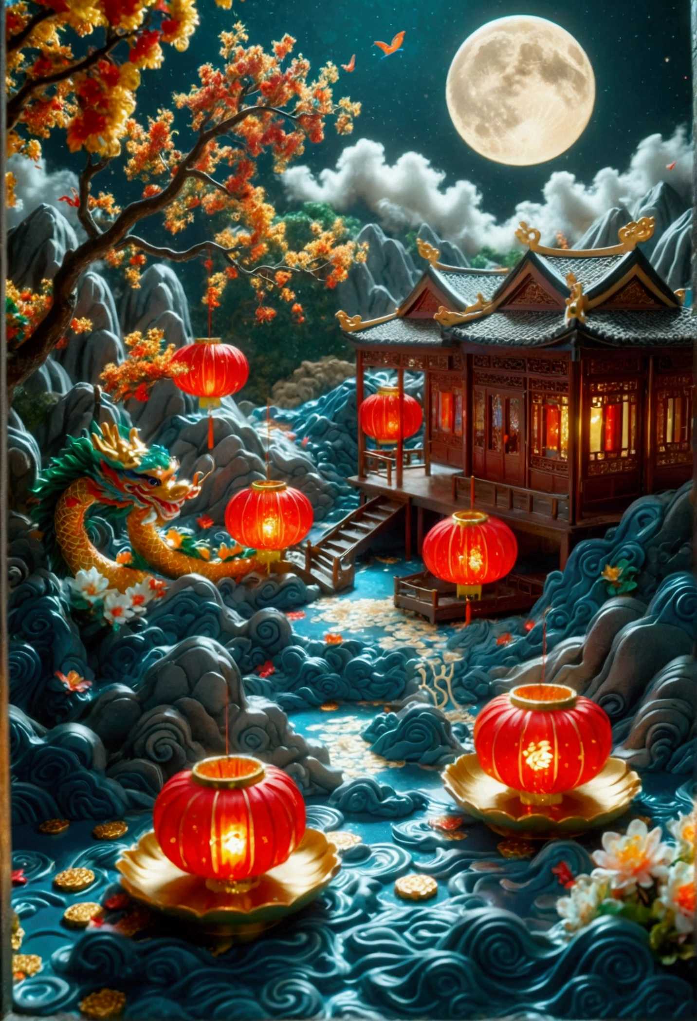 (3D art, 3D style), a captivating night scene filled with tranquility, dotted with stars, (Mid-Autumn Festival: 1.5), macro lens, desktop, Mid-Autumn Festival, miniature mooncakes, tiny figures, osmanthus tree, figures sawing mooncakes, transporting mooncakes, half a mooncake with molten filling, the moon hanging in the sky, osmanthus petals scattered on the desktop, colorful mountains and rivers, winding rivers, small boats, a small path on the mountain, little houses, (aesthetic and aesthetics: 1.2), solid color background, miniature photography, Chinese ancient architecture landscape, Chinese landscape painting, creamy organic fluid, theme, (C4D, OC render), natural light, jungle, river, waterfall, a small pavilion on the mountain, the silver moon gently illuminating them, the sky unfolds like velvet soaked in ink, dotted with countless twinkling stars, these stars look like celestial gems scattered on the vast canvas of the universe, the air around them is fresh, filled with tranquility, bursting with the quiet intimacy of the time they share, the environment around them bathed in the soft glow of the stars and the moon, providing just enough light to illuminate their faces and the intricate details around them, creating a dreamy, almost surreal atmosphere, ((((8k, vibrant colors, bright, ultra-high saturation, RGB colors, kaleidoscopic)))) , (High contrast: 1.5), (full body: 1.8), magazine photography, popular on social media, ((dopaminism)), (((dopamine color scheme))), Dopamine, (in the style of Y2K), Raoul Pure, three-dimensional ancient style, Eastern poetic painting.