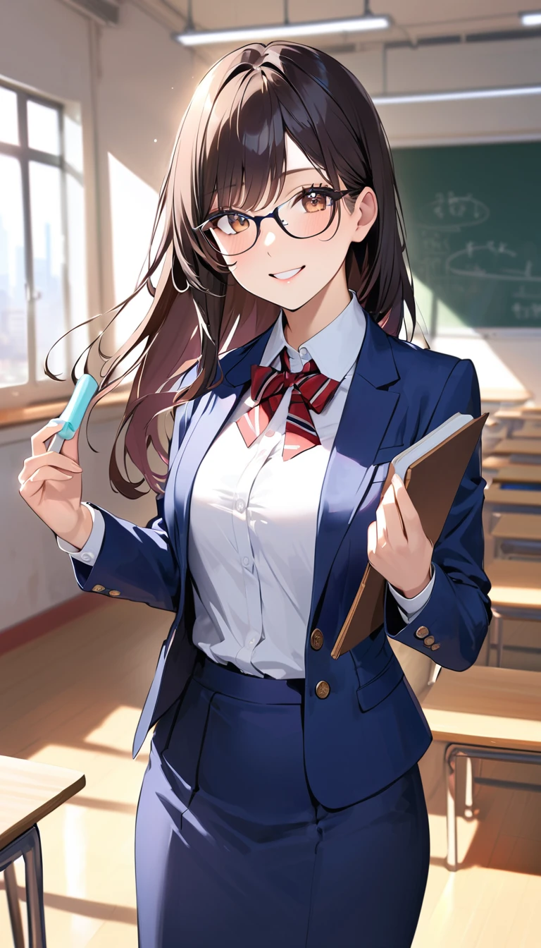 2, Female, Long hair, Dark hair, Glasses, Smiling, Holding book in left hand, Chalk in right hand, Front, Navy blue blazer, White shirt, Navy blue long skirt, Teacher, Classroom with blackboard in background, Blurred background