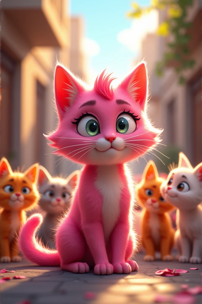 A Hero’s WelcomeAs the pink kitten returns to the alley where she was born, the other cats and kittens gather around her. They are amazed by her stories of adventure and bravery. The once-small kitten is now a symbol of strength and resilience, her pink fur shining brightly in the sunlight as she is welcomed back as a hero.