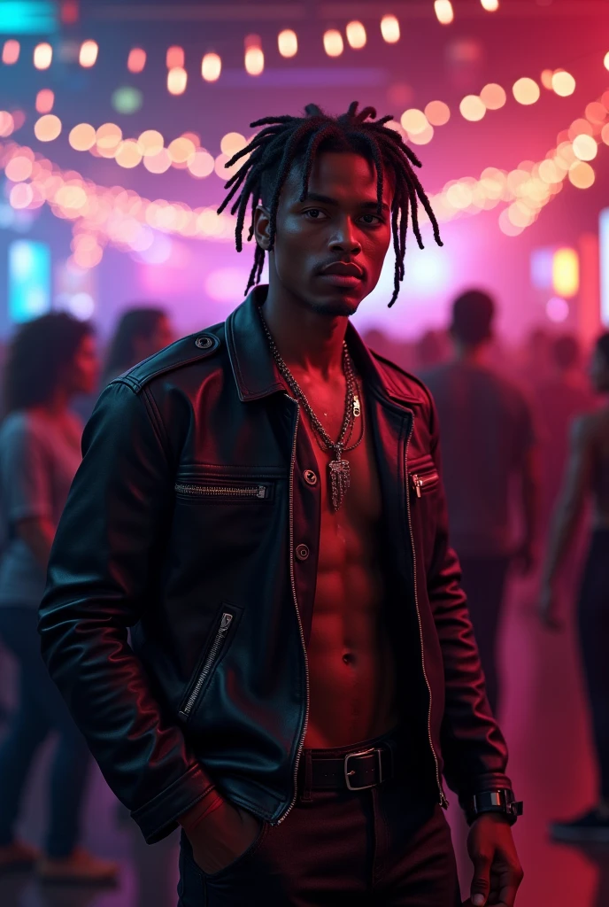 Light-skinned Black man, very pretty short dreadlocks hair. defined lean body, stylish rocker clothes. At a party full of people