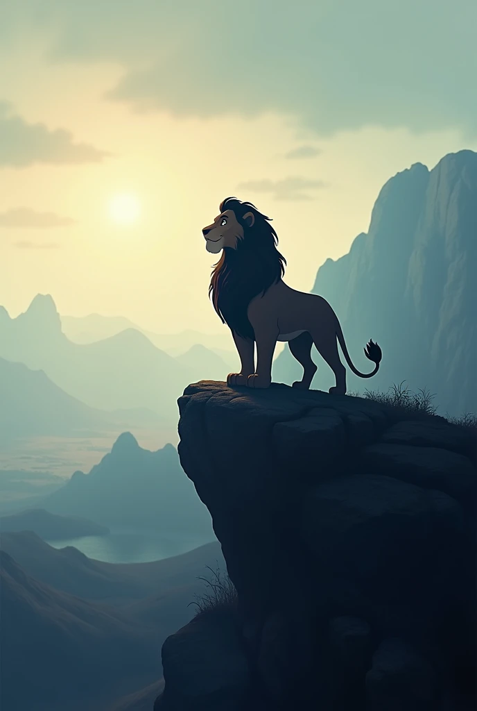 take a photo with a view from the movie the lion king, include a lion on a rock as if roaring, the photo is made sideways, make the lion softer and not look fierce