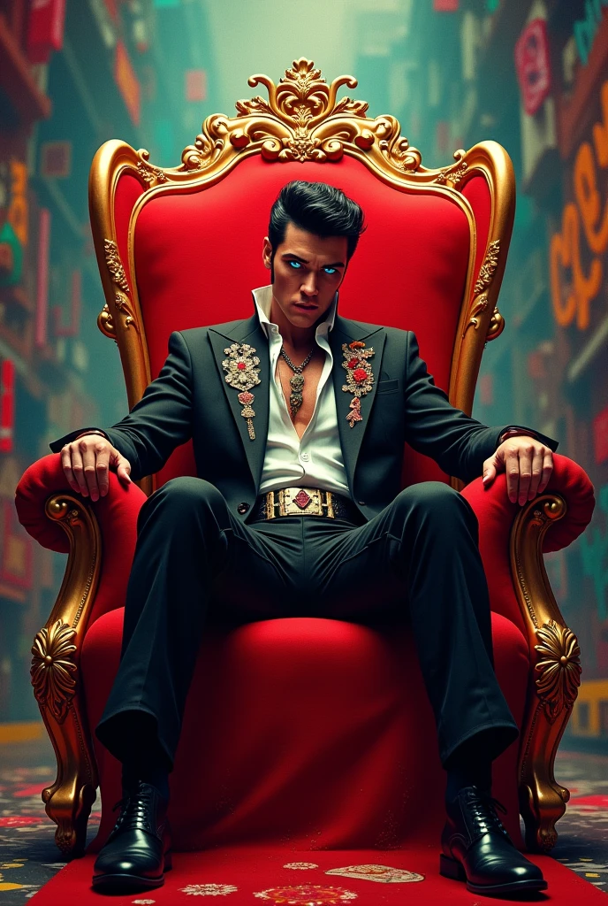 Surreal scene. Elvis sitting on a red throne in front of a 3D effect ultra-detailed intricate insanely full HD rock and roll graffiti backdrop, by Mark Brooks, cgsociety, retro style art, beautiful retro art, rockabilly, elvis presley, retro art style, 1950s illustration style, 3D effect ultra-detailed intricate insanely full HD, golden ratio, volumetric modeling, spotlight embroidery, accents, intense gaze, digital painting cinematic film light, expressive blue eyes, ultra-realistic