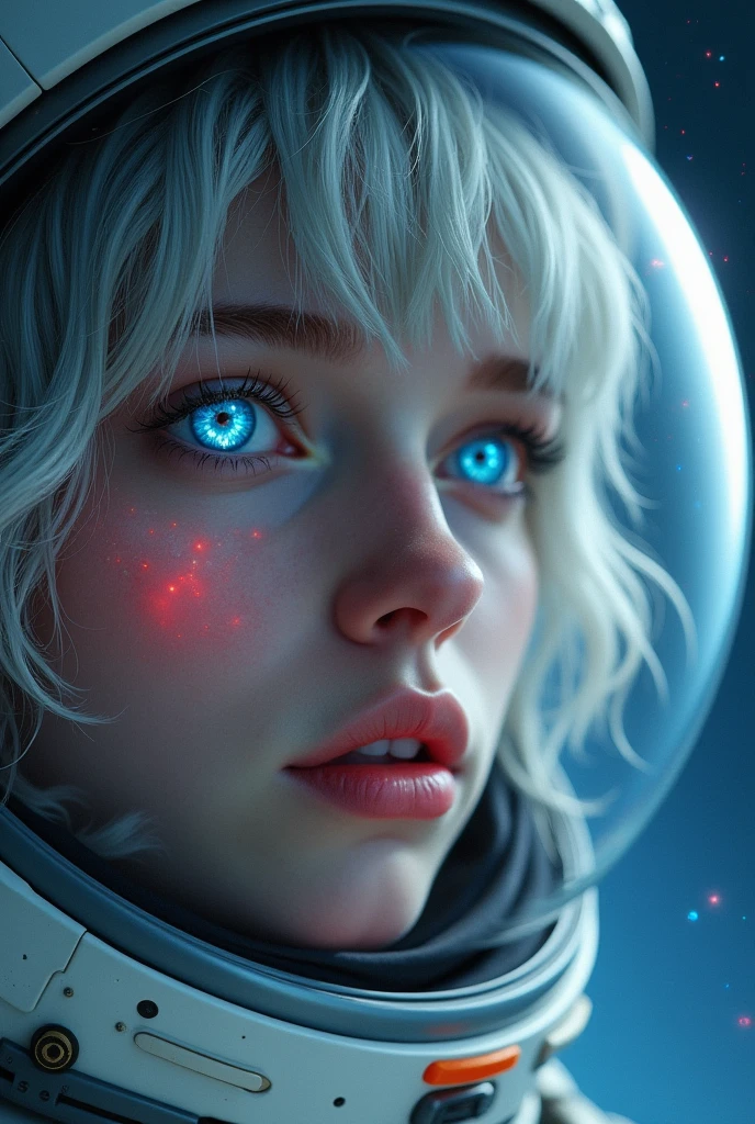 (Close-up of a better masterpiece: 1.5) 0.9], (Space and astronauts: 1.2) (Disheveled silver hair: 1.1) (Xanthochromia heterochromia and blue eyes: 1.2) (space helmet: 1.0) (colorful stars in the eyes: 1.0) (A radiant glow: 1.1) (thick lips: 0.9)