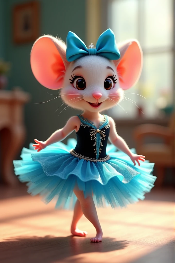 Animated image of a cute little mouse, dressed in a bright blue and black ballerina outfit with a bright blue bow on her head