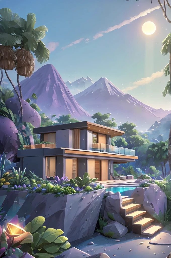 small and beautiful modern house in top of big boulders, terraces, pool, stairs, multiple cacti gardens, palms, trees, rocks, beautiful landscape design, mountains and volcano y background, amazing clouds, sun, moon, planets, milky way galaxy, concrete, wood, glass and steel materials, olive green, violet, orange and withe colors in facade