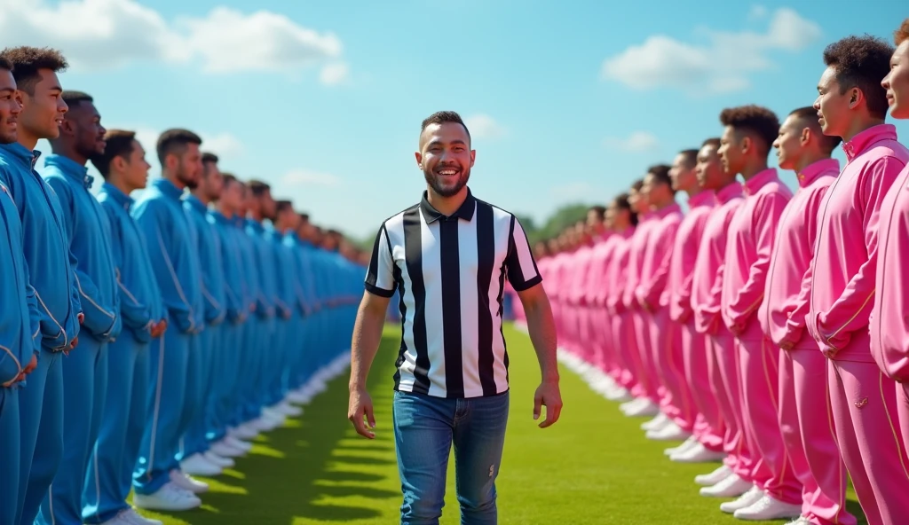 "A lively scene featuring a competition between two large groups of participants dressed in distinct colors. On the left, a crowd of people wearing blue tracksuits are positioned in rows, ready for action. On the right, another group dressed in pink tracksuits mirrors their stance, suggesting a face to face challenge. At the center of the image, a referee-like figure with a wide smile, dressed in black and white striped attire, stands prominently in the foreground. The backdrop shows a clear sky over an outdoor grassy field, with the entire composition giving a playful and energetic vibe, resembling a large-scale game show or competition."