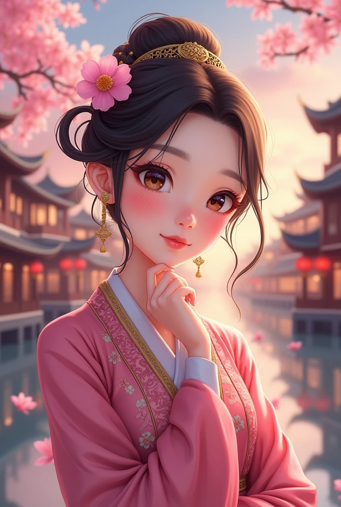 ( High resolution、 masterpiece、Highest quality、8k)、Tang Dynasty Buildings、Tang Dynasty China、Tang Dynasty China、(A young and extremely beautiful woman)、Chinese traditional clothing with a bright pink color and floral pattern、(whole body)、Brown and black round bun hairstyle、Smiling Eyes、Holding、Cute gesture、Fingers on the chin、background、Tang Dynasty Buildings、Chang&#39;an city in the Tang Dynasty、Plum blossom、river view、Riverside city lights、Lantern Light、A complete portrayal、Detailed anime art、Detailed CG、