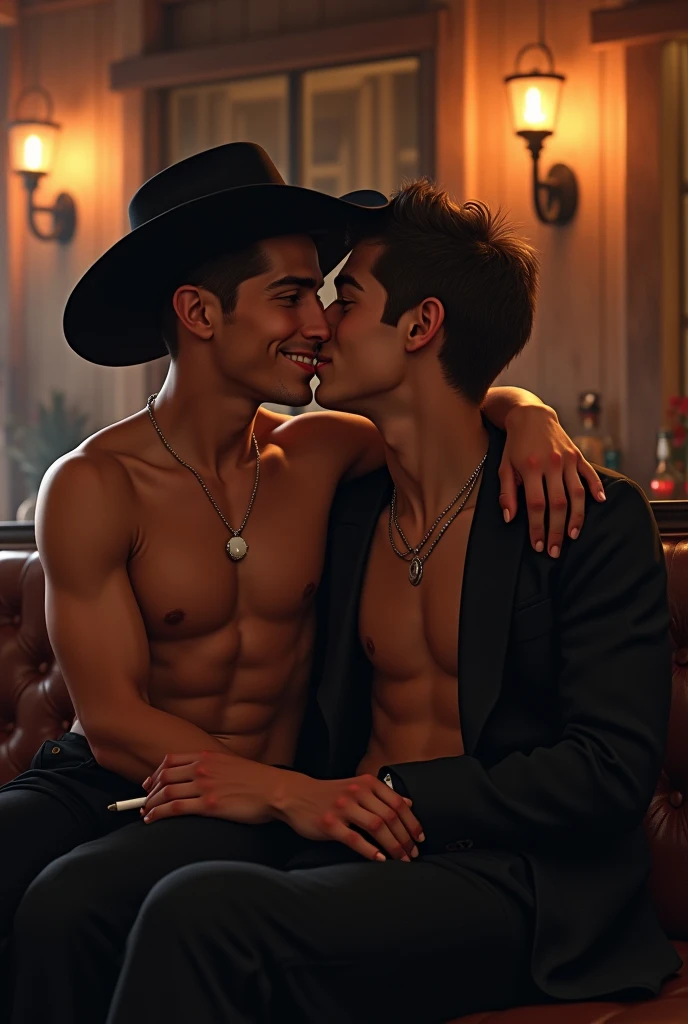 A cute handsome gay man sitting on his millionaire boyfriend's knee kissing in a cowboy bar with his shirt off and his boyfriend wearing a black hat and black clothes with a cigarette in his hand