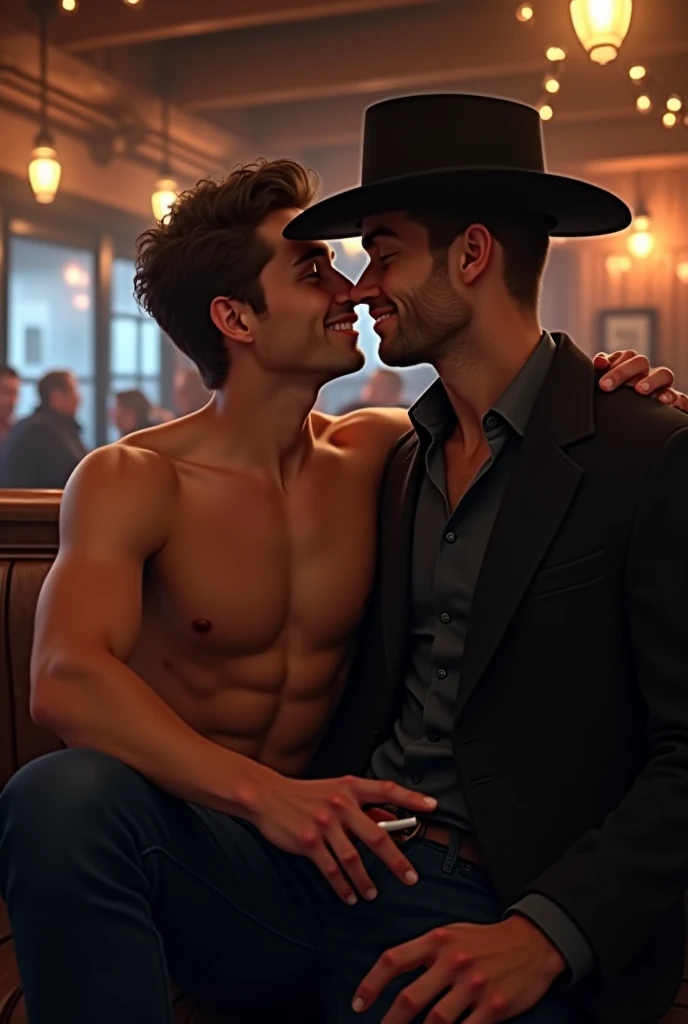 A cute handsome gay man sitting on his millionaire boyfriend's knee kissing in a cowboy bar with his shirt off and his boyfriend wearing a black hat and black clothes with a cigarette in his hand