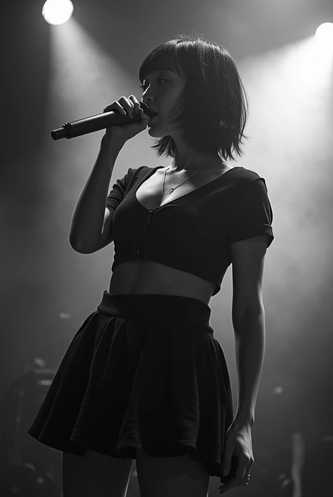 Black and white photography、Live footage、Woman in her 20s。Asian woman with short bob、Straight Hair、band、skirt、Beautiful Face、Punk Rock、Large Breasts、Satomi Ishihara、Black T-shirt、A cleavage so big you could squeeze your penis in it、Stage Lighting、smoke、mist、Alice Hirose、Solo artist、skirtめくり、Leaning forward to look at you、