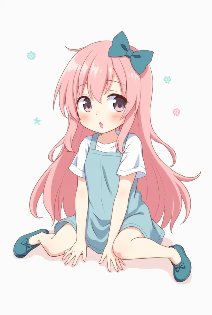 Embarrassed anime girl sitting facing forward with long pink hair with a big bow and light blue dress showing her legs open at 45 degrees with blue flat shoes with a bow