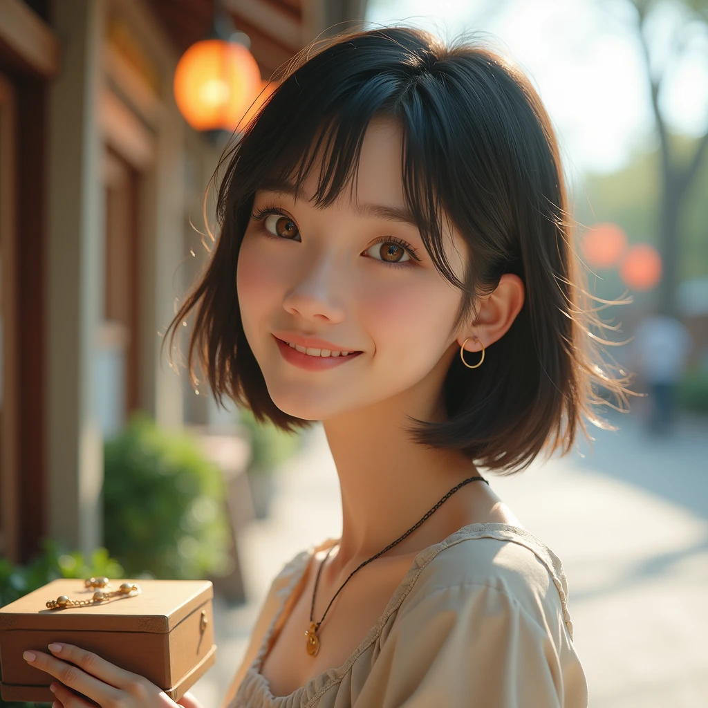 Highest quality, Face Focus, Soft Light, Ultra-high resolution, (Realistic:1.4), RAW Photos, 1 Japan, alone, cute, (A shy smile:0.5), (Brown eyes, Light in your eyes), Beautiful face in every detail, (Small box),(High resolution detail of human skin texture), (Short Bob Hair), break, In town,Trending Fashion, Best, skirt