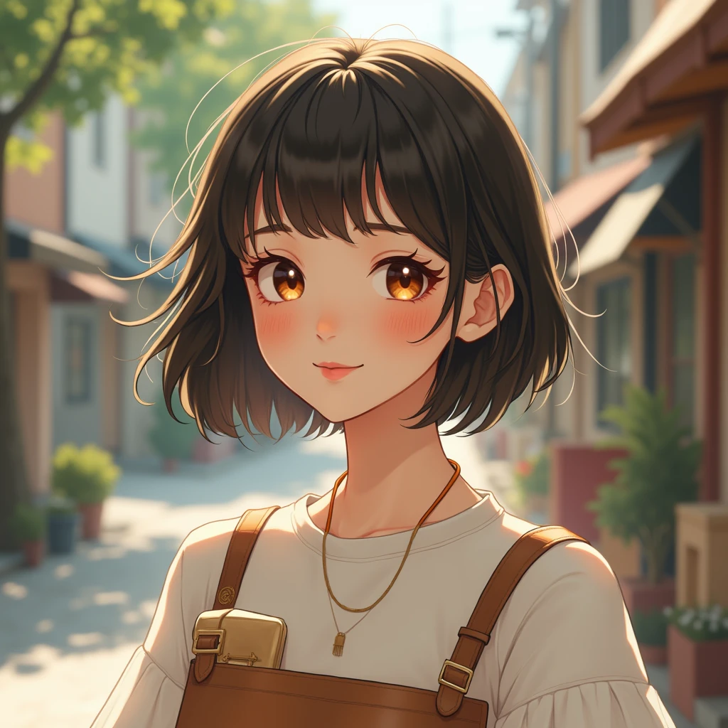 Highest quality, Face Focus, Soft Light, Ultra-high resolution, (Realistic:1.4), RAW Photos, 1 Japan, alone, cute, (A shy smile:0.5), (Brown eyes, Light in your eyes), Beautiful face in every detail, (Small box),(High resolution detail of human skin texture), (Short Bob Hair), break, In town,Trending Fashion, Best, skirt