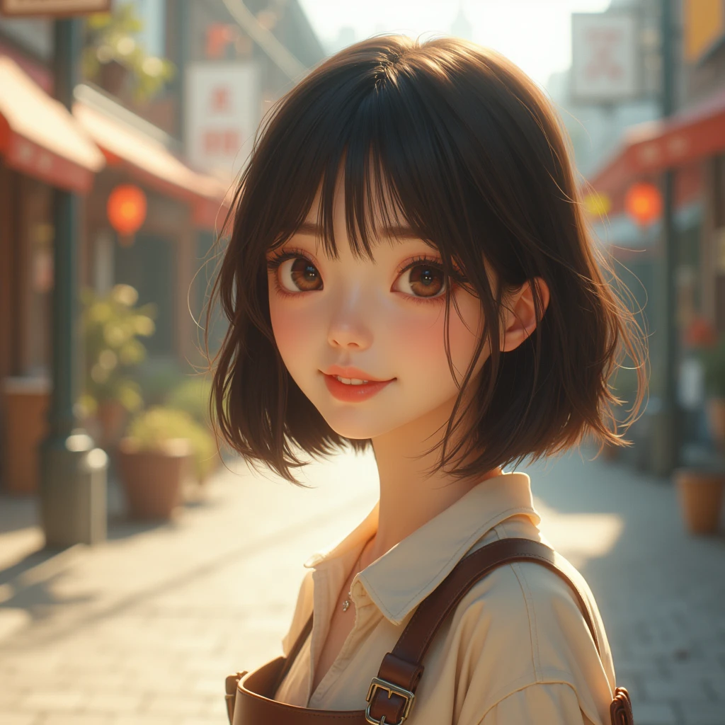 Highest quality, Face Focus, Soft Light, Ultra-high resolution, (Realistic:1.4), RAW Photos, 1 Japan, alone, cute, (A shy smile:0.5), (Brown eyes, Light in your eyes), Beautiful face in every detail, (Small box),(High resolution detail of human skin texture), (Short Bob Hair), break, In town,Trending Fashion, Best, skirt