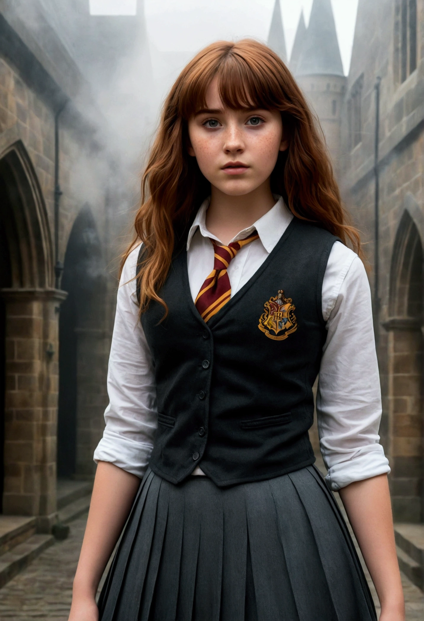 An illustrated movie poster, hand-drawn, full color, a age Hogwarts student, 18-years-old, female, wearing a charcoal vest and a pleated skirt, athletic hourglass figure, bustst, full wide hips, massive round butt, lonapely legs, ridiculously thick powerful thighs, vibrant eyes, deep dark auburn hair, thick shaggy bangs, flushed sun-kissed complexion, freckles, standing in a foggy Hogwarts courtyard, surrounded by mist, graphite shading, stencil marks, airbrushed acrylic paint, masterpiece, close-up shot, in the style of the Deathly Hallows
