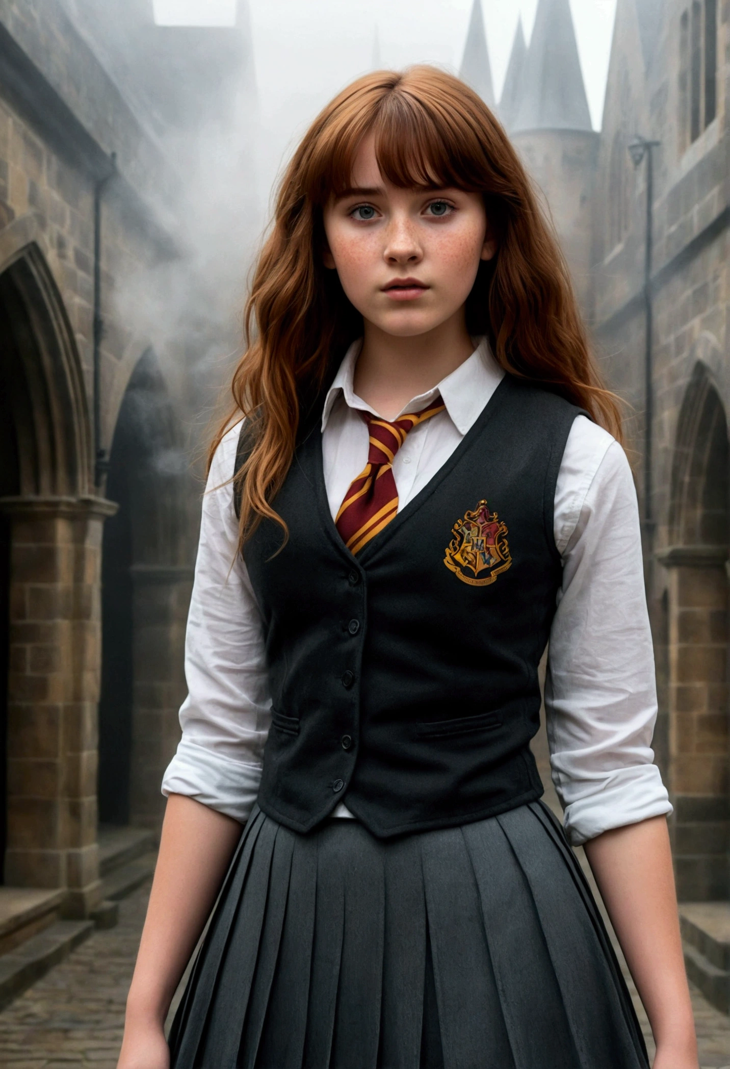 An illustrated movie poster, hand-drawn, full color, a teenage Hogwarts student, 18-years-old, female, wearing a charcoal vest and a pleated skirt, athletic hourglass figure, busty chest, full wide hips, massive round butt, long shapely legs, ridiculously thick powerful thighs, vibrant eyes, deep dark auburn hair, thick shaggy bangs, flushed sun-kissed complexion, freckles, standing in a foggy Hogwarts courtyard, surrounded by mist, graphite shading, stencil marks, airbrushed acrylic paint, masterpiece, close-up shot, in the style of the Deathly Hallows