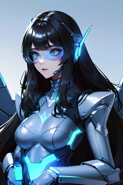 empty eyes,robotization,woman ,big bust,Robot Joint ,Metal skin,Black Suit,long hair,a suit that covers the whole body