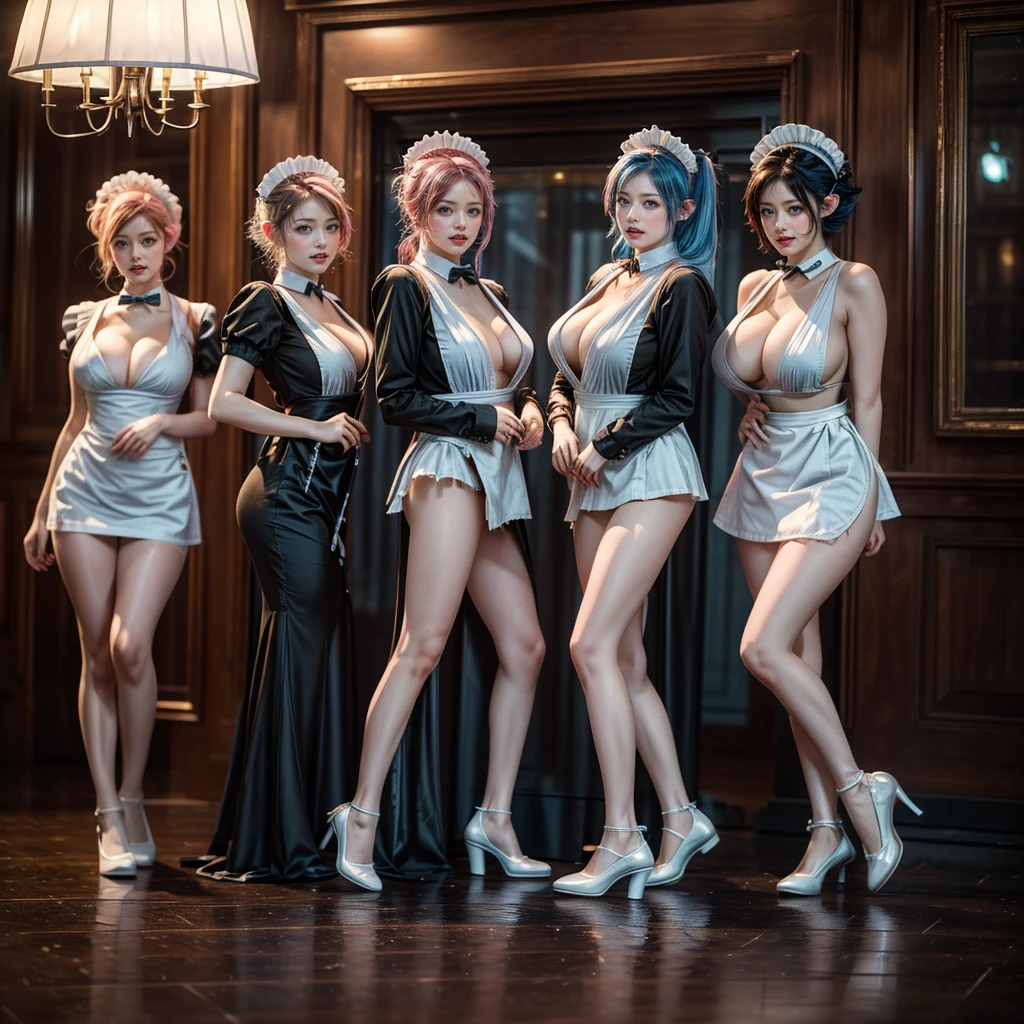 (Full Body of Extremely Detailed((Sexy Maid Group in a row:1.37))), KAWAII perfect face with Reflective Eyes, Detailed(Delicate Clothing textures), Correct Graceful Legs, Dynamic Joyful Expressions LifeLike Rendering, Specular Reflection, TopQuality 8K Ultra-detailed masterpiece (ProfessionalPhoto:1.37), (Acutance:0.8), (Luminism:1.28), Renaissance art style, Colorful Light particles, (Full body from side) {MicroMini Skirt|Kissing Face to Face|Thigh Gap|Cute Peach AssFocus|(NakedApron with (Overflowing Sideboob))}, Radiant Fine Skin with Transparency, (Exposed:0.4) {Pink Hair|LightBlue Hair|Blonde|Pure White Hair|Liquid Hair|Red Shoes}, Perfect Lighting