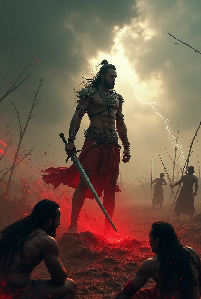 In a desolate battlefield setting, Kalki stands tall, his sword gleaming in the dim light. Before him are the rapists he has gathered, trembling in fear. With a swift and powerful motion, Kalki delivers divine justice, severing their heads and cutting off their instruments of violence. Blood flows like a river, staining the earth red as dark clouds gather overhead. Kalki’s expression is one of fierce resolve, embodying the wrath of divine justice. The sky above mirrors the scene’s intensity, with lightning flashing and thunder rumbling in the distance.