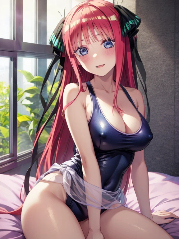 best quality, insanely detailed, nino nakano, breasts, blush, bedroom background, looking at viewer, cheerful eyes,arousal, one-piece swimsuit, nipple