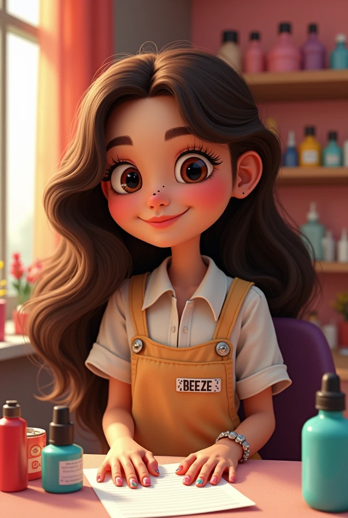 Pixar manicurist her name is breeze she has long brown hair a mole on her face cheeks small eyes and curly hair