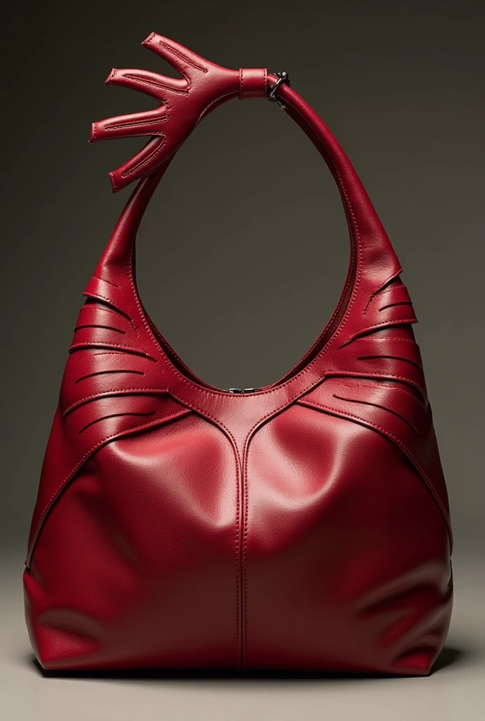 generate a wine red handbag made of leather, where the design is inspired by the cock-of-the-rock