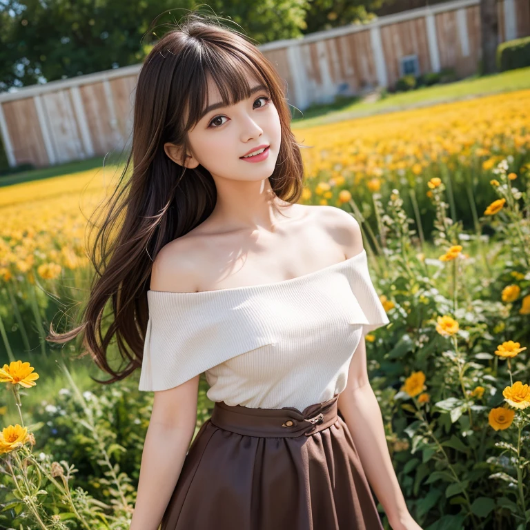 long skirt,in the flower field,Wear a dress,rotate,1 female, On the face, laughing out loud, light brown hair, blunt bangs, hair behind ears, Shoulder-length hair, long hair, Slender body type, 超face slimming型, face slimming, delicate lips, beautiful eyes, Thin blush, Eyes are light brown,View here, (actual:1.3), One person's perspective, 8k, Super detailed, high quality, best quality, High resolution, ,Large Breasts,wear a H cup, 2,Off-shoulder tops,puffy skirt
