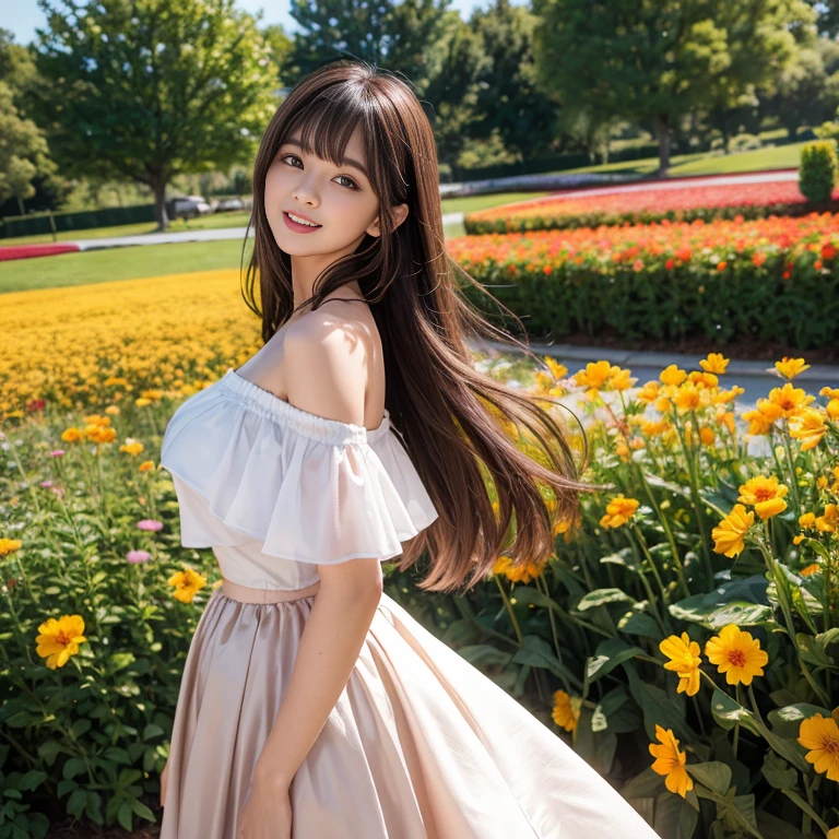 long skirt,in the flower field，Wear a dress，rotate，1 female, On the face, laughing out loud, light brown hair, blunt bangs, hair behind ears, Shoulder-length hair, long hair, Slender body type, 超face slimming型, face slimming, delicate lips, beautiful eyes, Thin blush, Eyes are light brown,View here, (actual:1.3), One person's perspective, 8k, Super detailed, high quality, best quality, High resolution, ，Large Breasts，wear a H cup, 2,Off-shoulder tops，puffy skirt